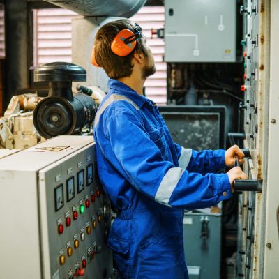 Marine engineer inspecting ship's engine or generators